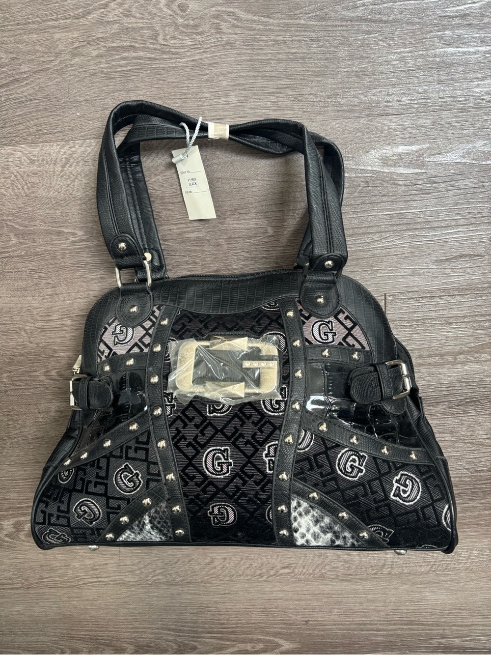 Black Patterned Studded Women's Shoulder Bag Purse Satchel Tote Handbag Guess
